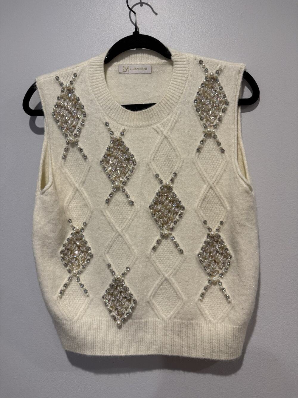 Italian Brand Lamiar Cream Ivory Embellished Sweater Vest Argyle One Size Preppy